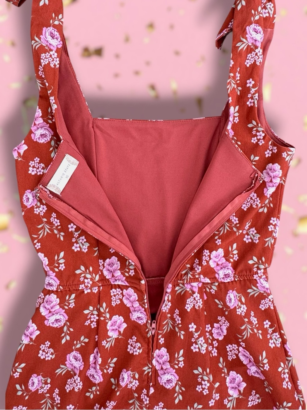 ✨Altar’d State✨Burnt Orange Mini sun dress with pink rose print. - Picture 4 of 8